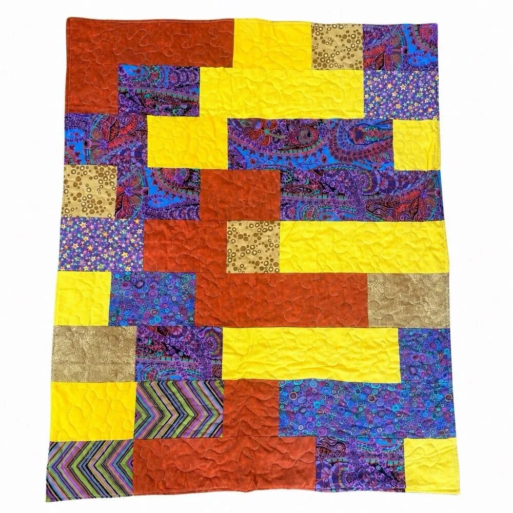 Handmade Groovy Patchwork Lap Quilt 46x38 Batik Paisley Floral Retro Boho Throw